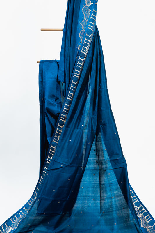 Royal Blue Banarasi Silk Saree with Gold Zari Forest Border