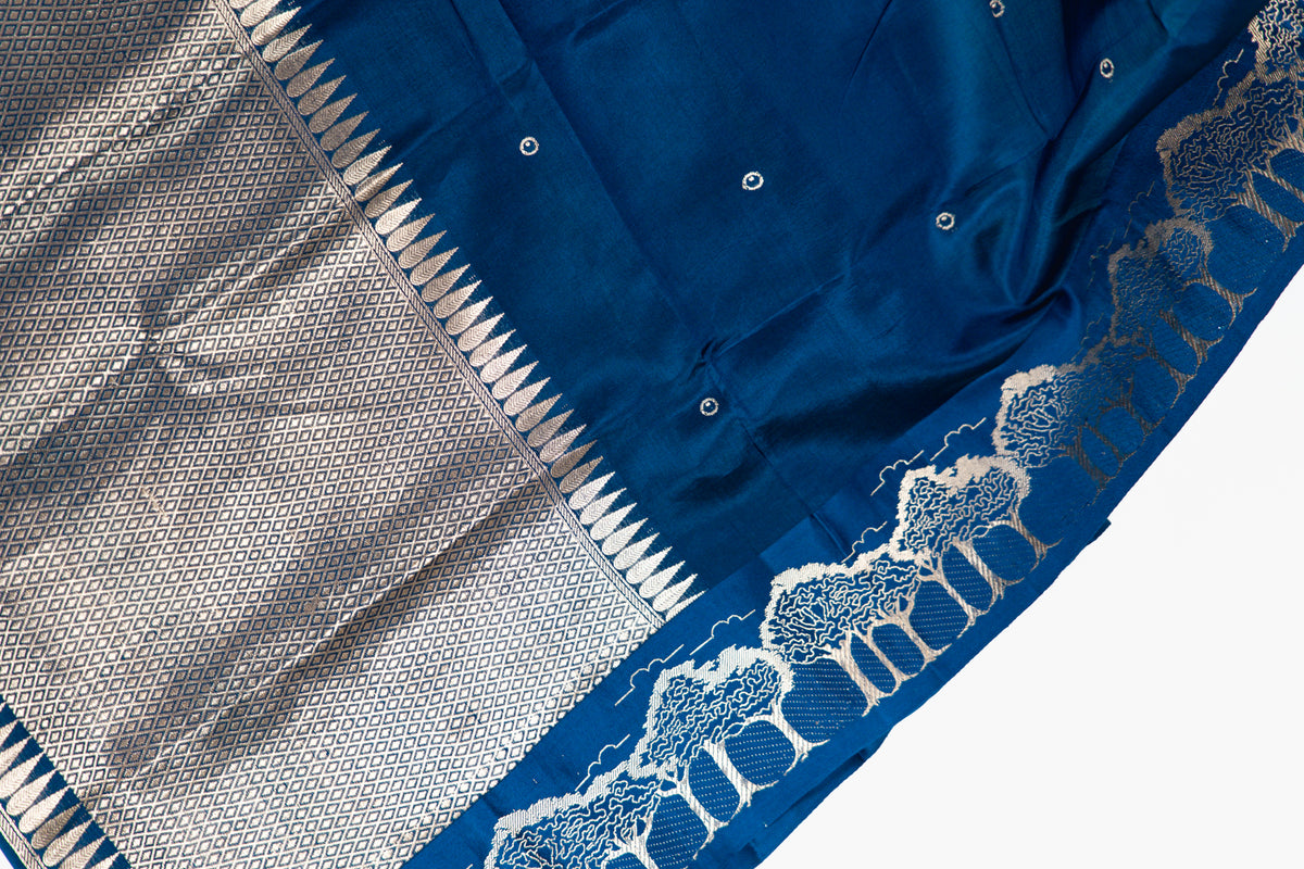 Royal Blue Banarasi Silk Saree with Gold Zari Forest Border