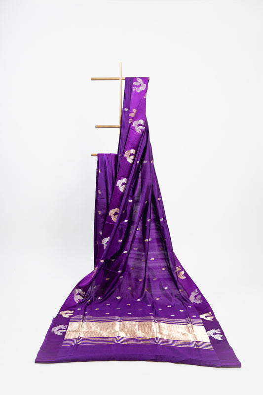 Electric Violet Banarasi Silk Saree with Peacock Medallion Border