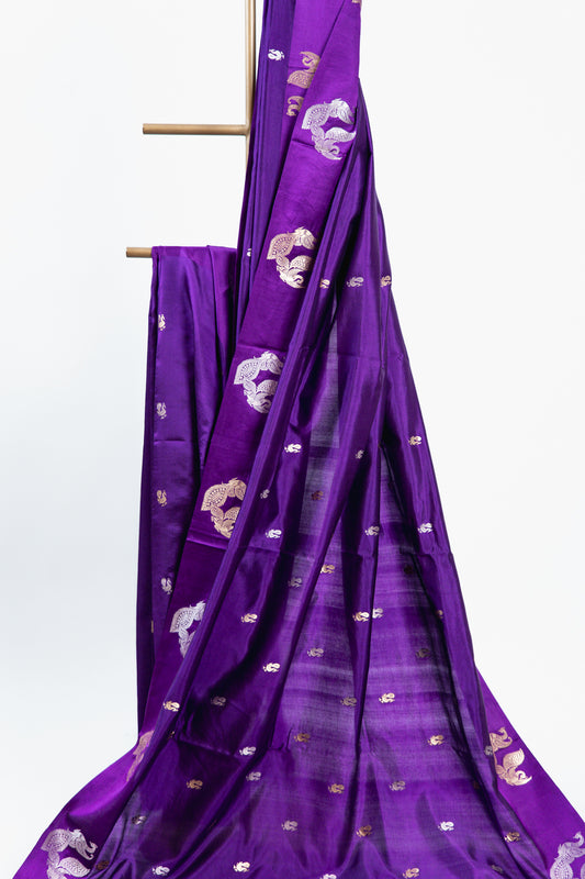 Electric Violet Banarasi Silk Saree with Peacock Medallion Border