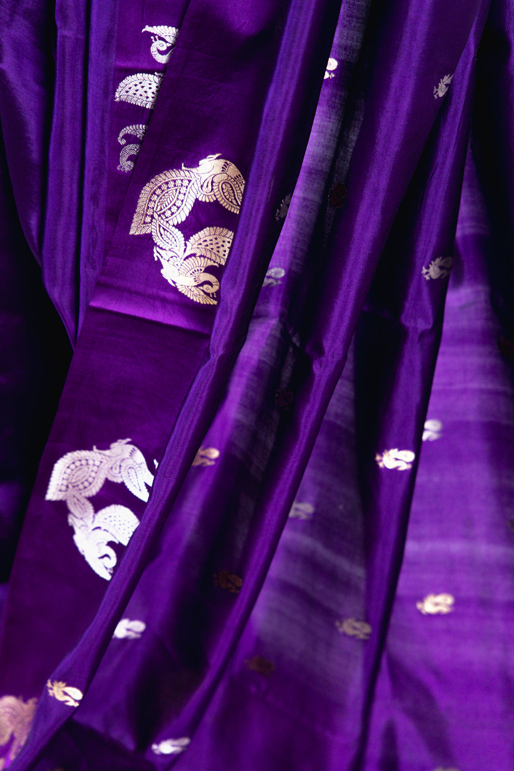 Electric Violet Banarasi Silk Saree with Peacock Medallion Border