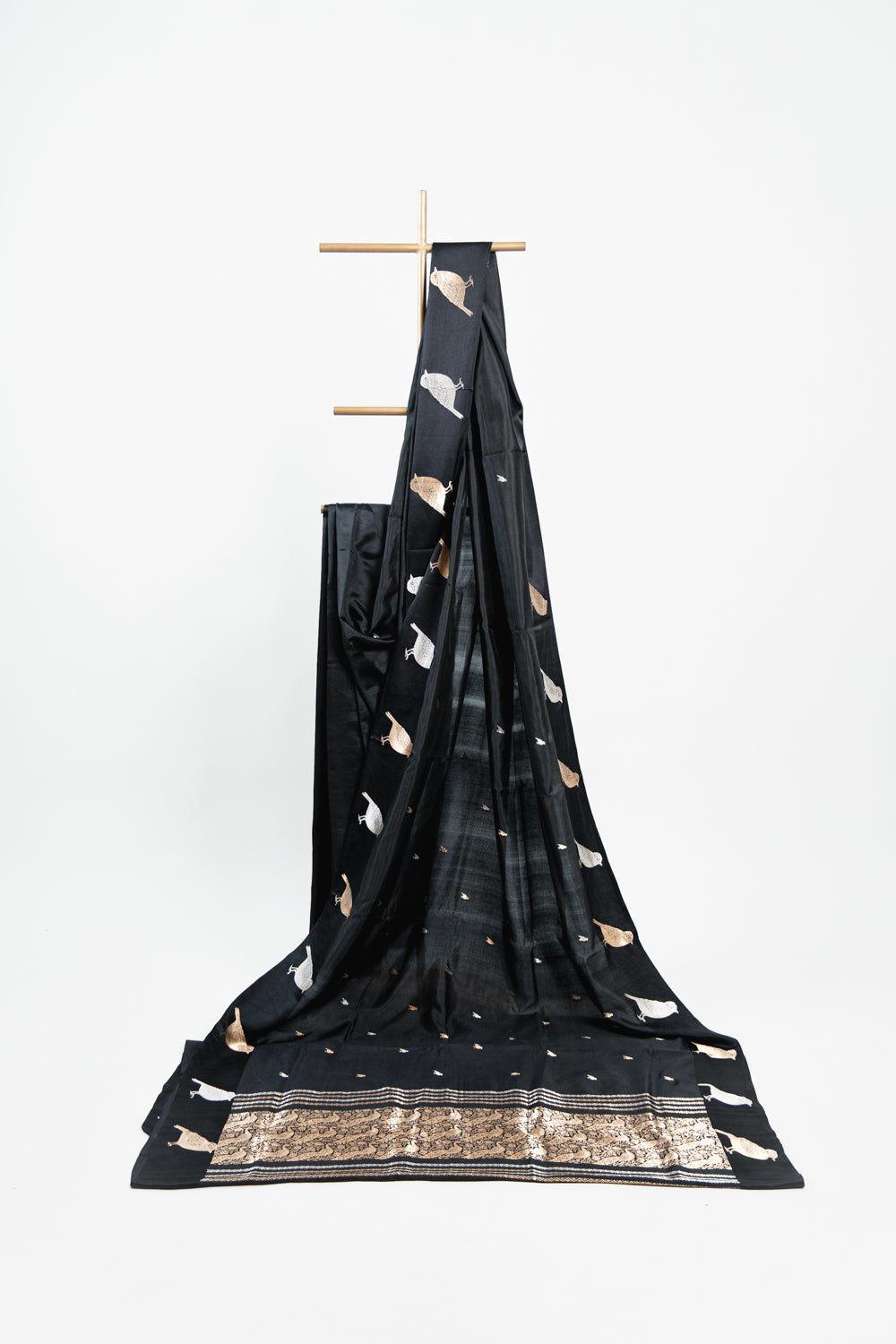 Jet Black Banarasi Silk Saree with Gold & Silver Bird Motifs