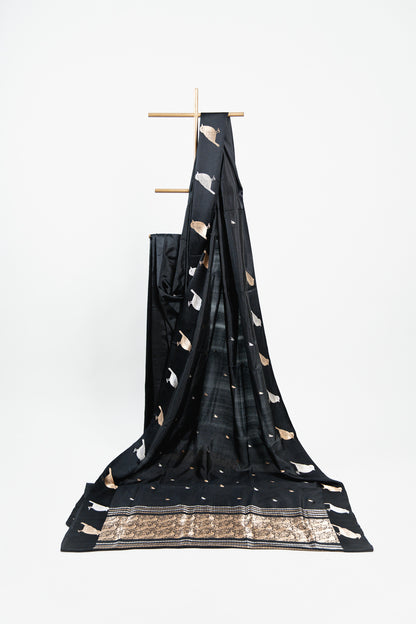 Jet Black Banarasi Silk Saree with Gold & Silver Bird Motifs