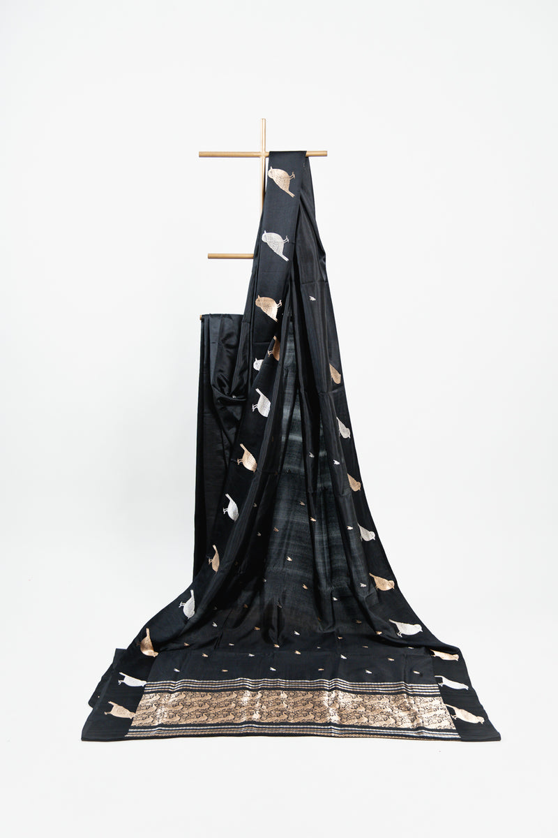Jet Black Banarasi Silk Saree with Gold & Silver Bird Motifs