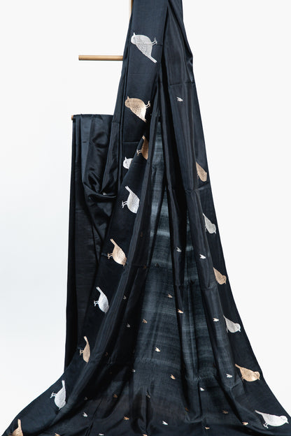 Jet Black Banarasi Silk Saree with Gold & Silver Bird Motifs