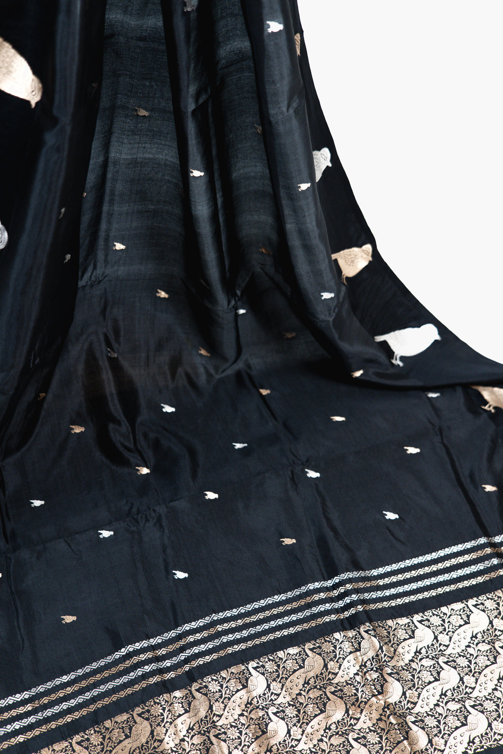 Jet Black Banarasi Silk Saree with Gold & Silver Bird Motifs
