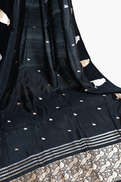 Jet Black Banarasi Silk Saree with Gold & Silver Bird Motifs