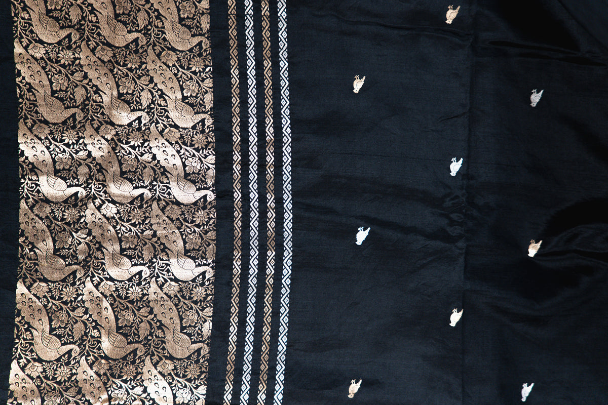 Jet Black Banarasi Silk Saree with Gold & Silver Bird Motifs