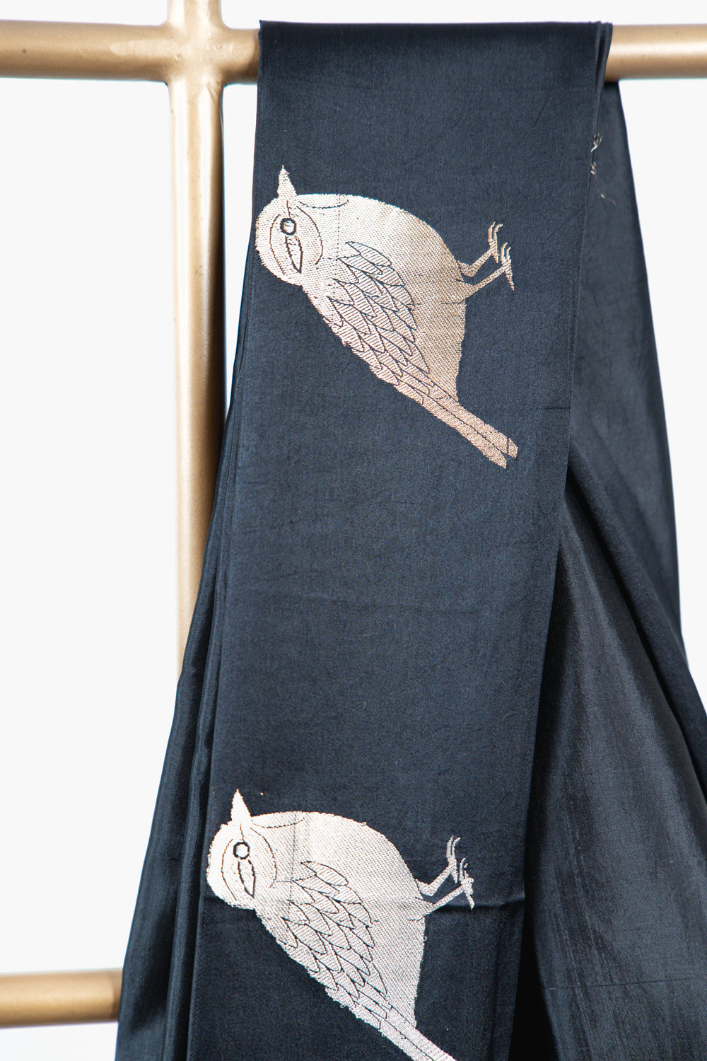 Jet Black Banarasi Silk Saree with Gold & Silver Bird Motifs