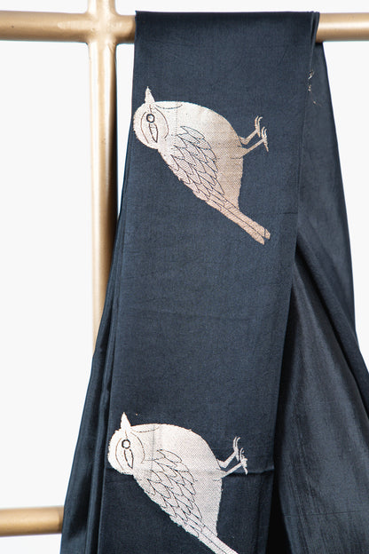 Jet Black Banarasi Silk Saree with Gold & Silver Bird Motifs