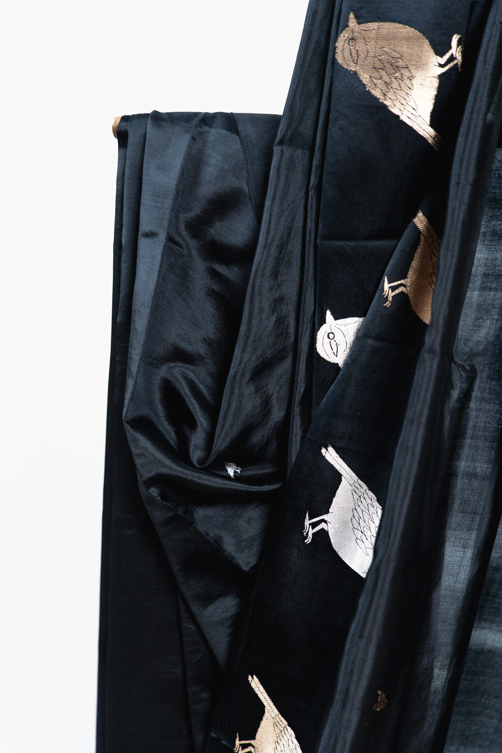 Jet Black Banarasi Silk Saree with Gold & Silver Bird Motifs