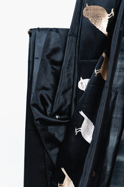 Jet Black Banarasi Silk Saree with Gold & Silver Bird Motifs
