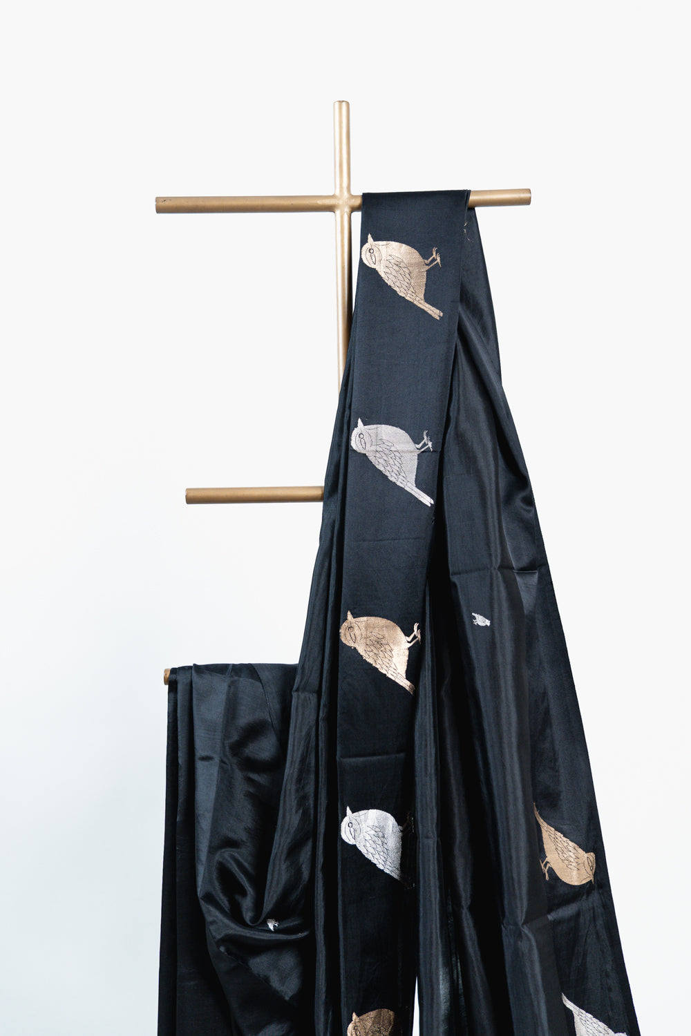 Jet Black Banarasi Silk Saree with Gold & Silver Bird Motifs