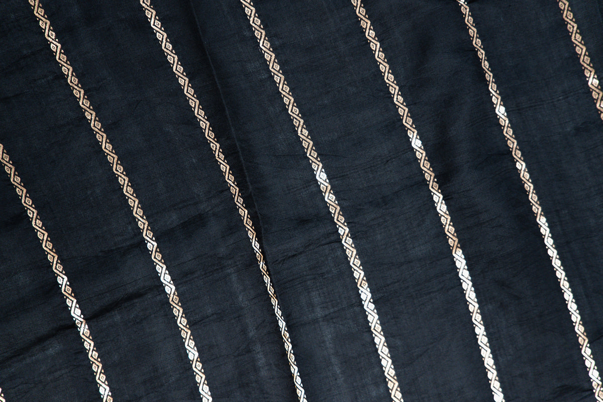 Jet Black Banarasi Silk Saree with Gold & Silver Bird Motifs