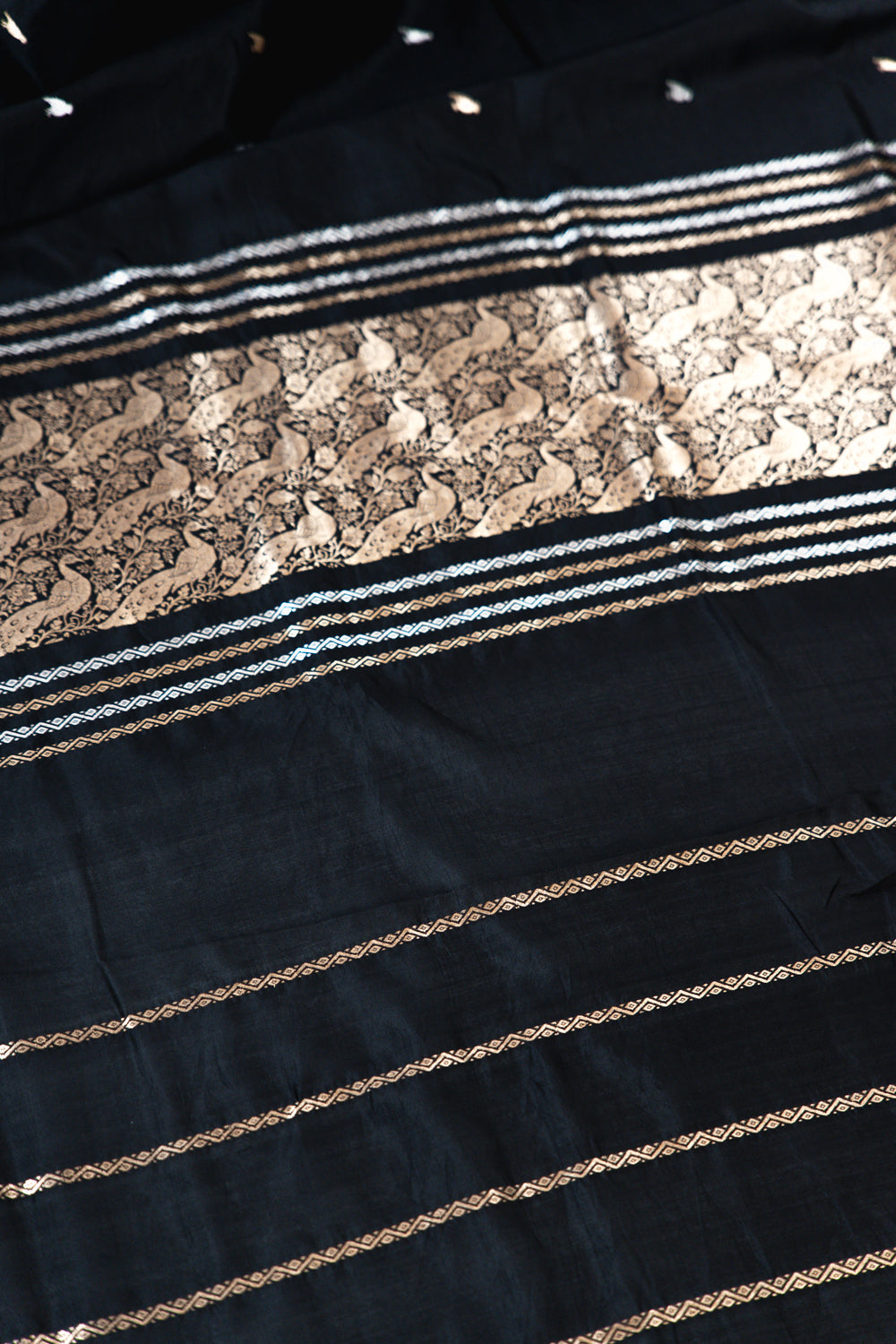 Jet Black Banarasi Silk Saree with Gold & Silver Bird Motifs