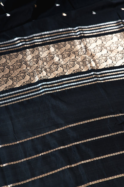 Jet Black Banarasi Silk Saree with Gold & Silver Bird Motifs