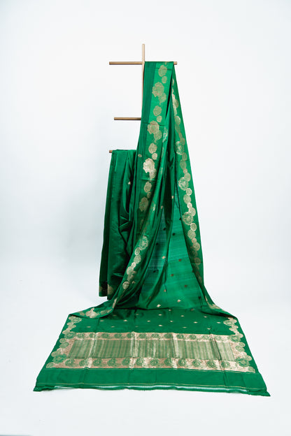Emerald Green Banarasi Silk Saree with Sunflower Border