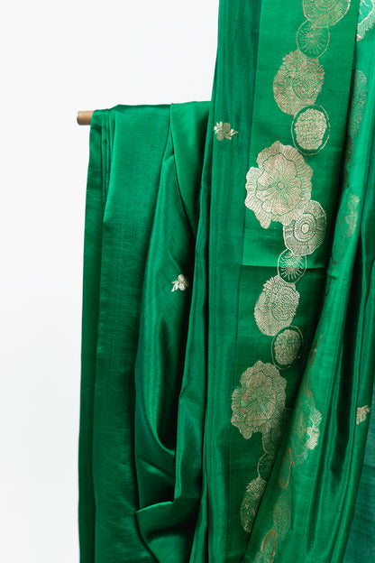 Emerald Green Banarasi Silk Saree with Sunflower Border