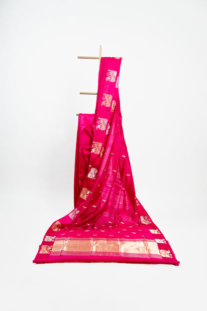 Rani Pink Banarasi Silk Saree with Peacock Jharokha Border