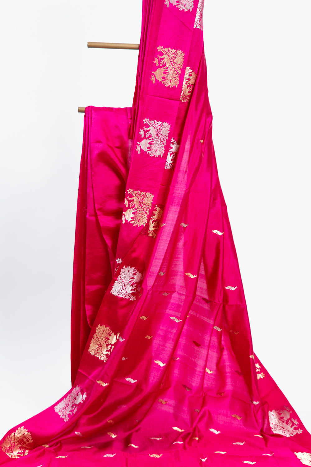 Rani Pink Banarasi Silk Saree with Peacock Jharokha Border