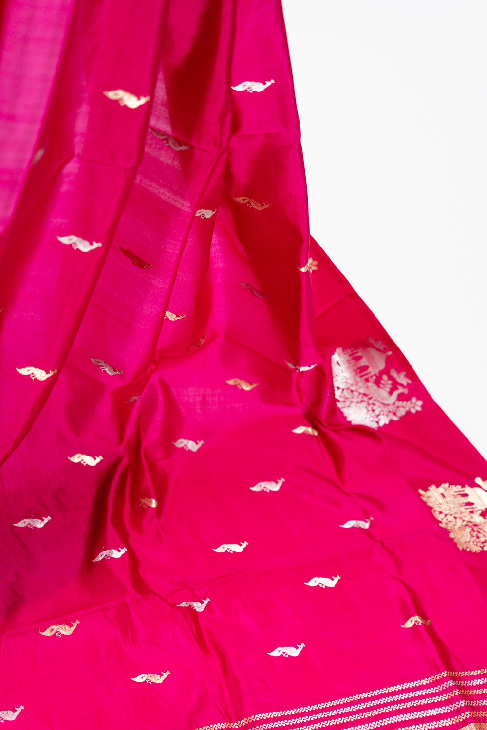 Rani Pink Banarasi Silk Saree with Peacock Jharokha Border