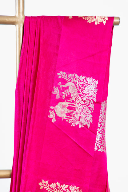 Rani Pink Banarasi Silk Saree with Peacock Jharokha Border