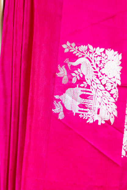 Rani Pink Banarasi Silk Saree with Peacock Jharokha Border