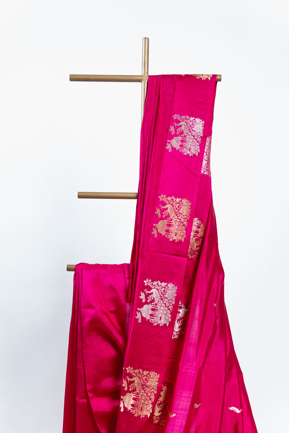 Rani Pink Banarasi Silk Saree with Peacock Jharokha Border