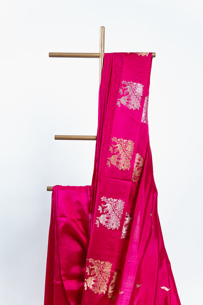 Rani Pink Banarasi Silk Saree with Peacock Jharokha Border