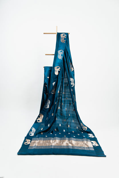 Midnight Blue Banarasi Silk Saree with Elephant Motifs