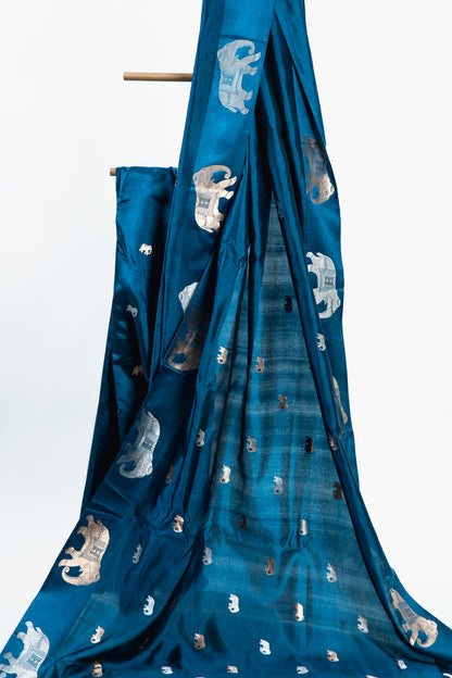 Midnight Blue Banarasi Silk Saree with Elephant Motifs