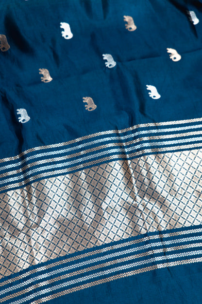 Midnight Blue Banarasi Silk Saree with Elephant Motifs