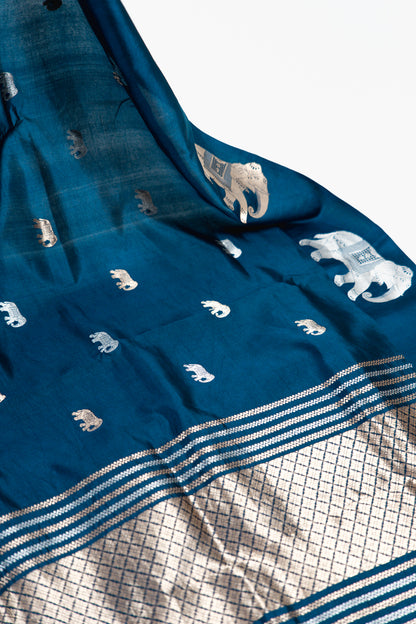 Midnight Blue Banarasi Silk Saree with Elephant Motifs