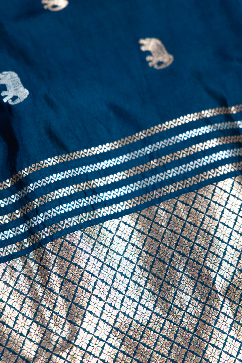 Midnight Blue Banarasi Silk Saree with Elephant Motifs