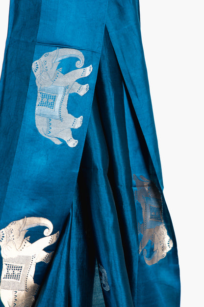 Midnight Blue Banarasi Silk Saree with Elephant Motifs