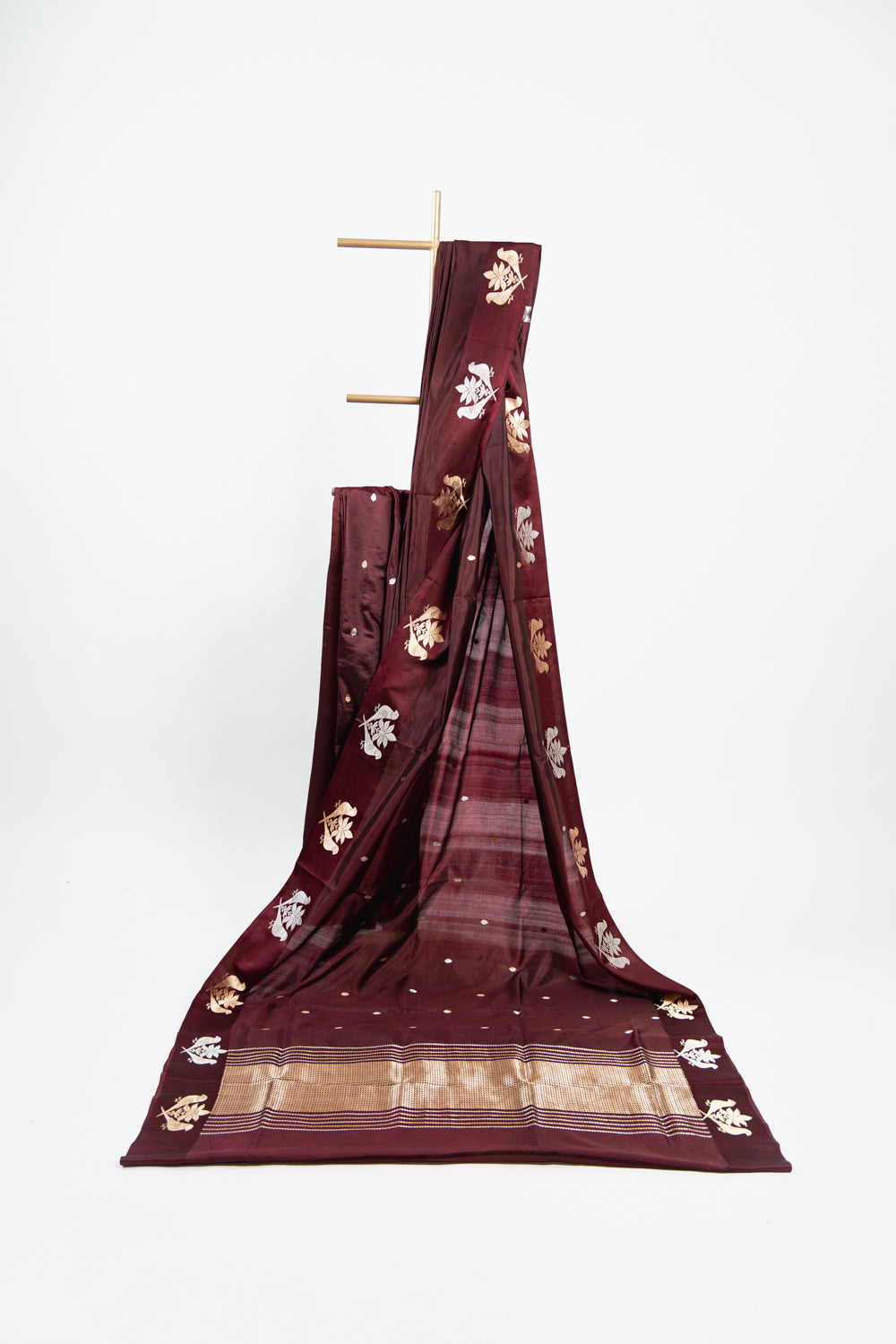 Burgundy Banarasi Silk Saree with Paired Bird Floral Border