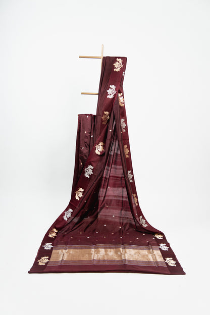 Burgundy Banarasi Silk Saree with Paired Bird Floral Border