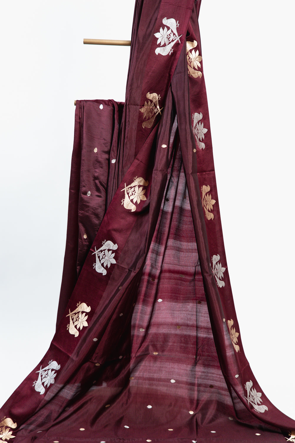 Burgundy Banarasi Silk Saree with Paired Bird Floral Border