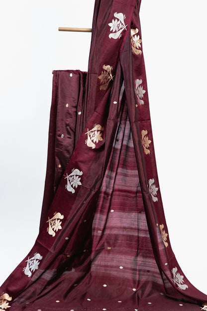 Burgundy Banarasi Silk Saree with Paired Bird Floral Border