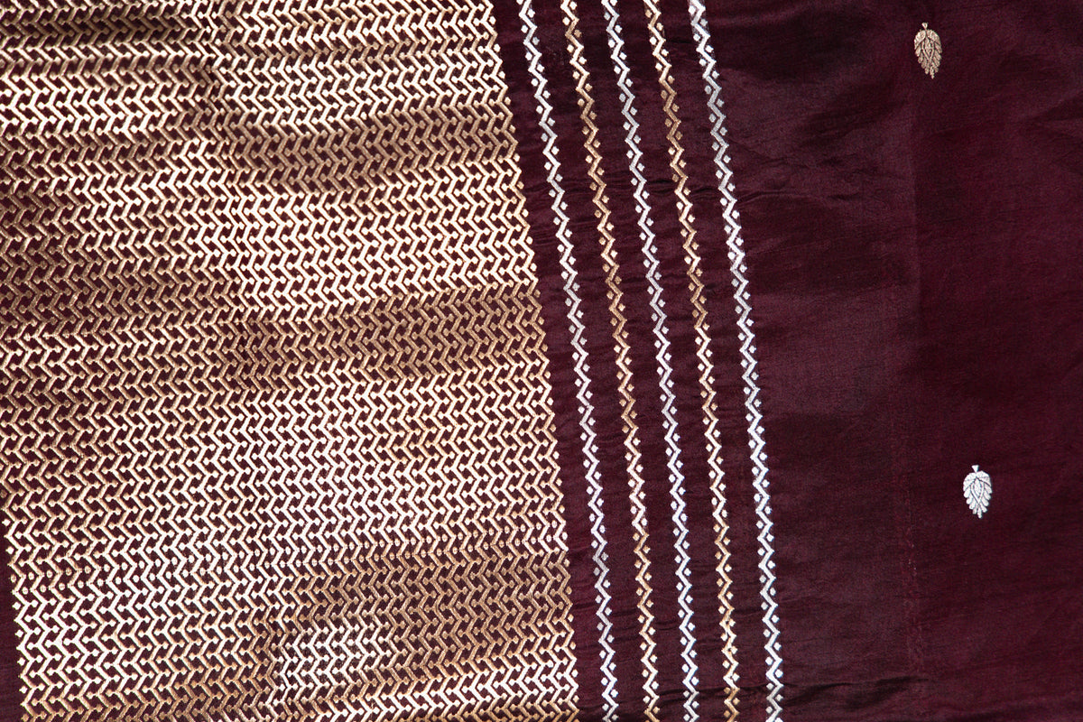 Burgundy Banarasi Silk Saree with Paired Bird Floral Border