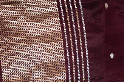 Burgundy Banarasi Silk Saree with Paired Bird Floral Border
