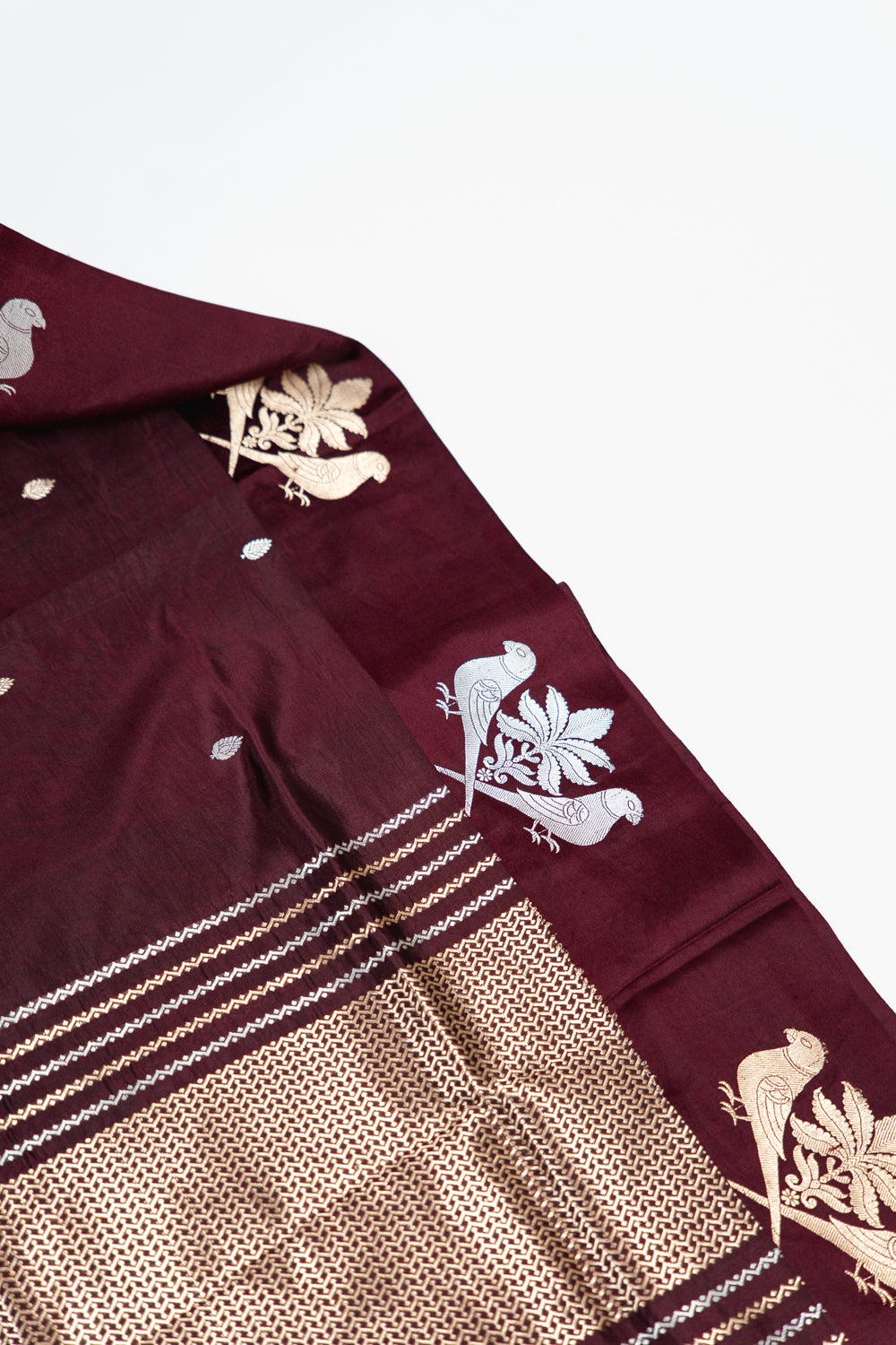 Burgundy Banarasi Silk Saree with Paired Bird Floral Border