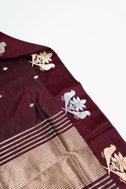 Burgundy Banarasi Silk Saree with Paired Bird Floral Border