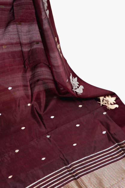 Burgundy Banarasi Silk Saree with Paired Bird Floral Border