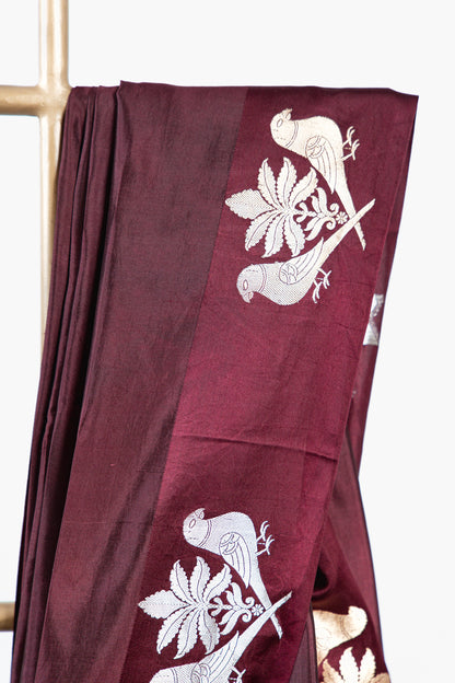 Burgundy Banarasi Silk Saree with Paired Bird Floral Border