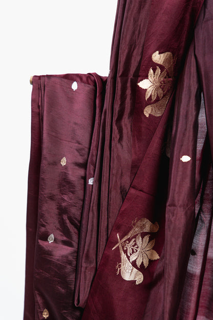 Burgundy Banarasi Silk Saree with Paired Bird Floral Border