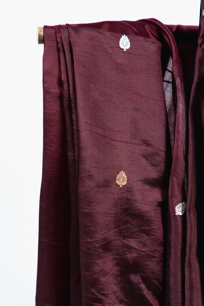 Burgundy Banarasi Silk Saree with Paired Bird Floral Border