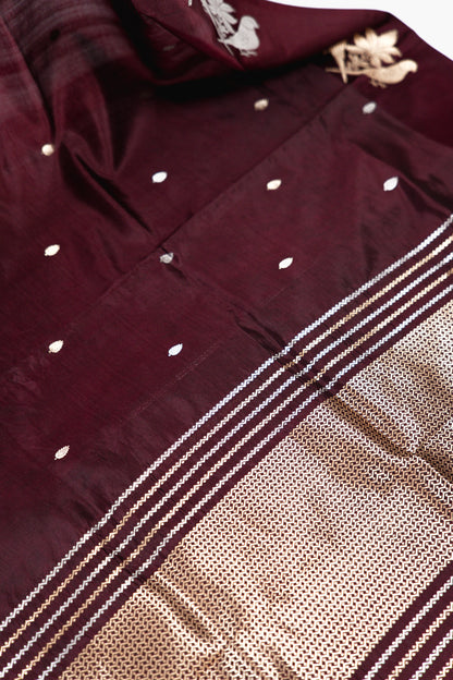 Burgundy Banarasi Silk Saree with Paired Bird Floral Border