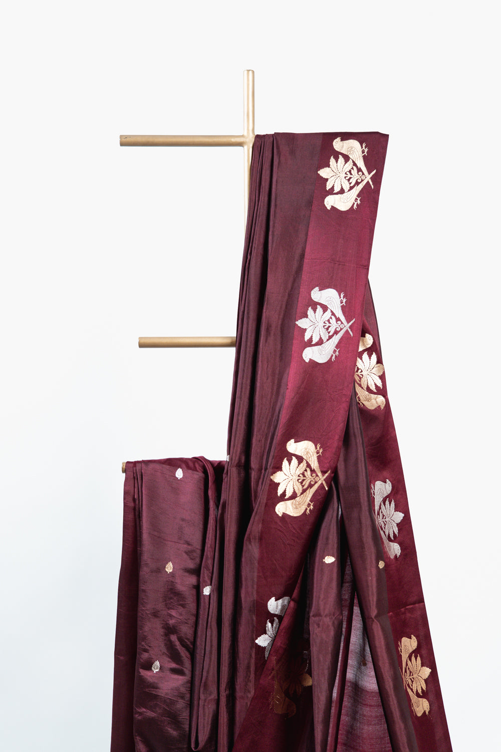Burgundy Banarasi Silk Saree with Paired Bird Floral Border