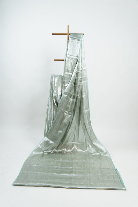 Metallic Silver-Grey Tissue Silk Saree